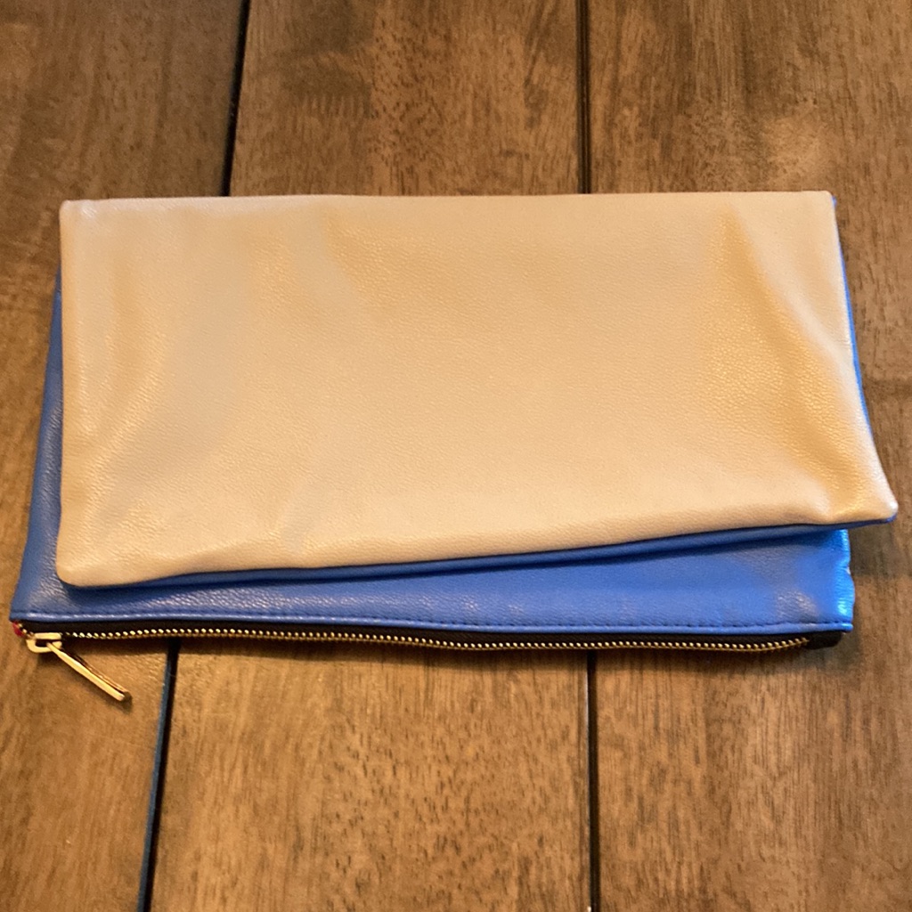 Lulu Dharma Fold Over Clutch ~ Color Block Blue And Grayish Tan